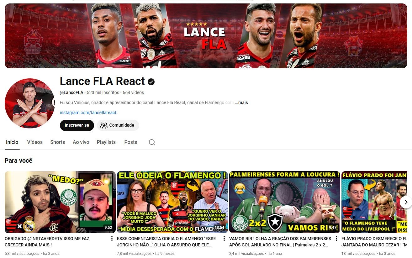 Canal no YouTube à venda – Lance FLA React | 523 mil Inscritos