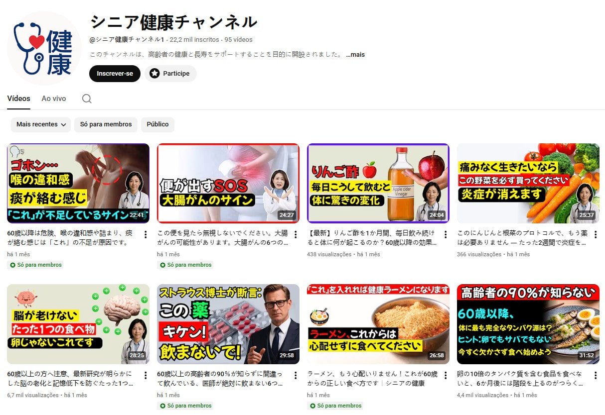 Canal no YouTube à venda – Senior Health Channel (Japonês) | 22,2 mil Inscritos