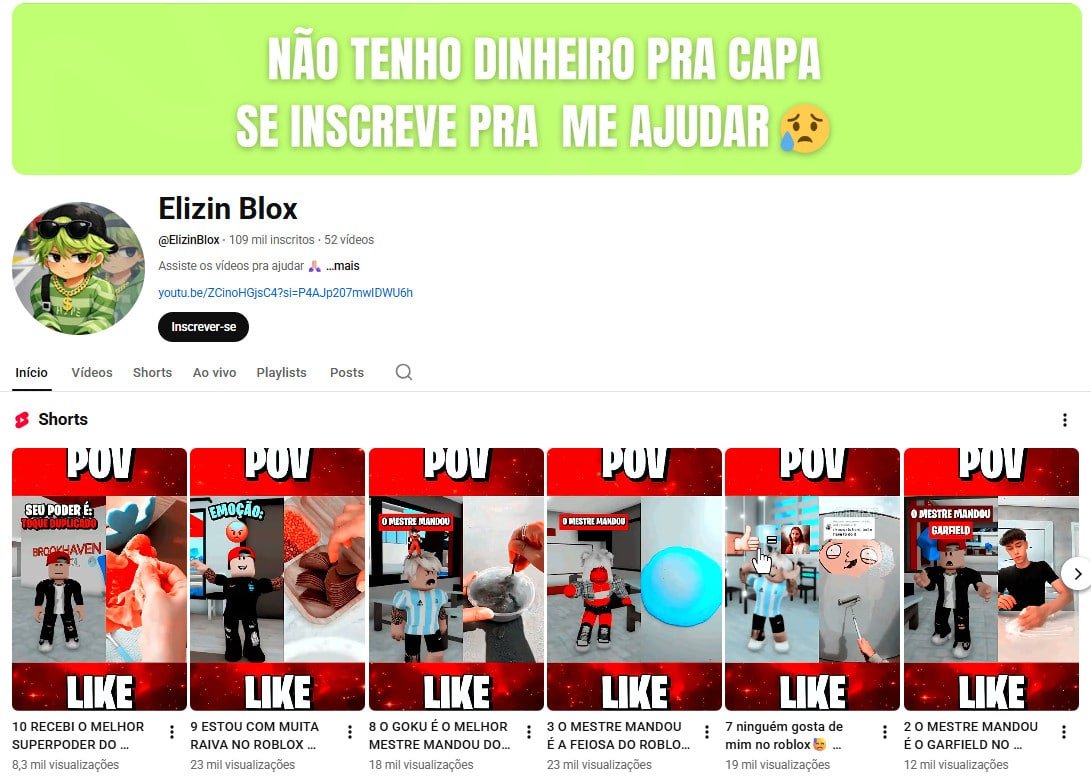 Canal no YouTube à venda – Elizin Blox | 109 mil Inscritos