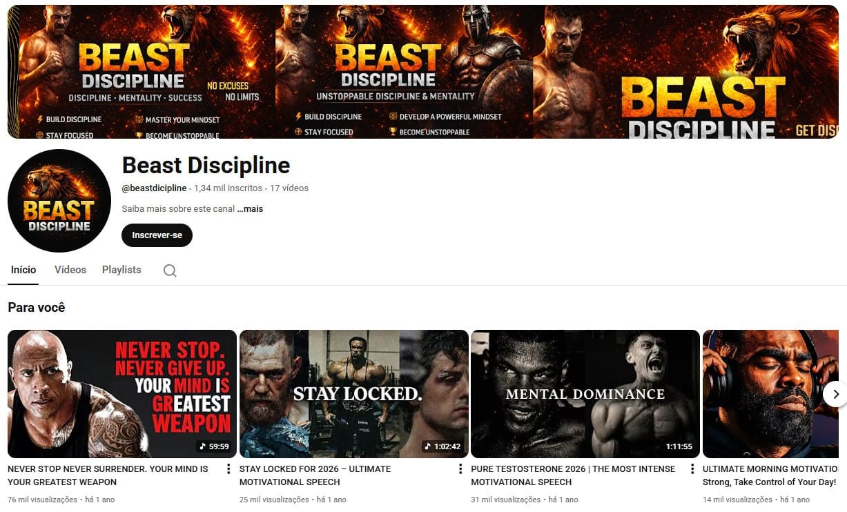 Canal no YouTube à venda – Beast Discipline (Inglês) – Motivação e Mindset (1 mil inscritos) não monetizado