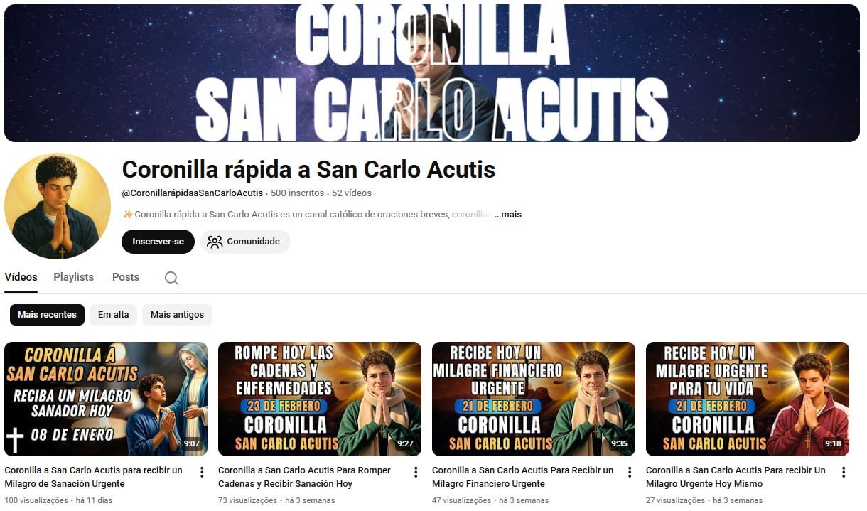 Canal no YouTube à venda – Coronilla rápida a San Carlo Acutis (Espanhol) – Religioso/Católico (500 inscritos) não monetizado