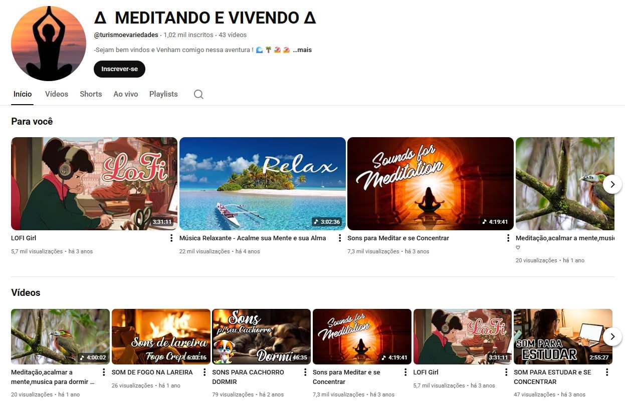 Canal no YouTube à venda – MEDITANDO E VIVENDO – Meditação e Bem-Estar (1 mil inscritos) não monetizado