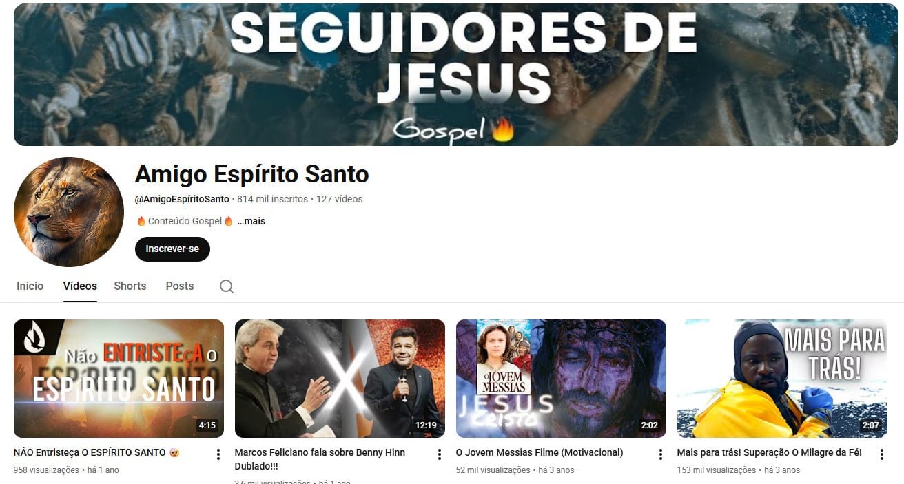 Canal no YouTube à venda – Amigo Espírito Santo – Religioso/Gospel (814 mil inscritos) não monetizado
