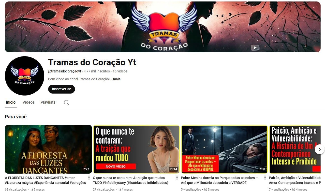 Canal no YouTube à venda – Tramas do Coração – Histórias e Dramas (4 mil inscritos) não monetizado