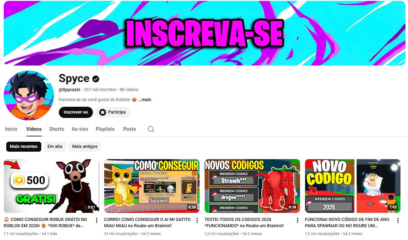 Canal no YouTube à venda – Games/Roblox (257 mil inscritos)