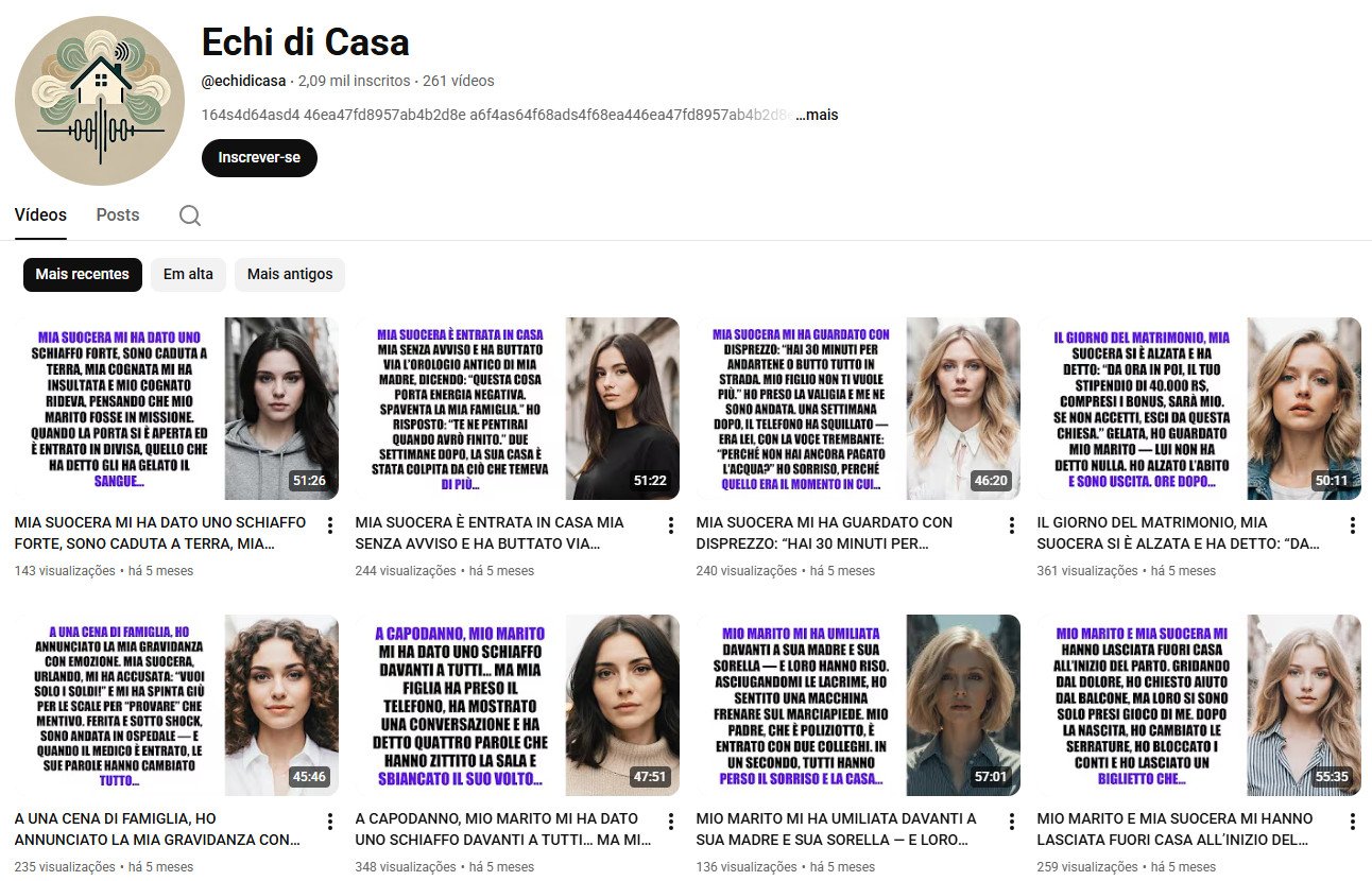 Canal no YouTube à venda – Echi di Casa (Italiano) – Histórias Narradas/Drama (2 mil inscritos)