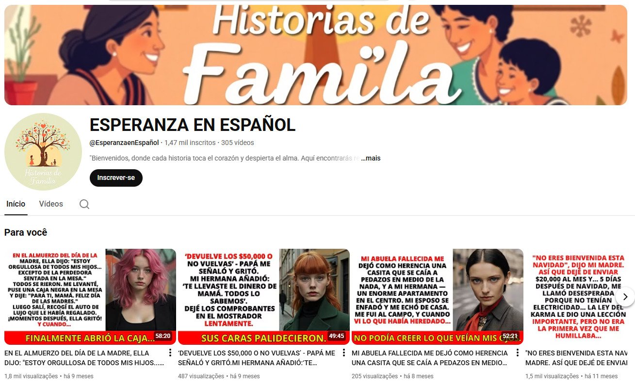 Canal no YouTube à venda – ESPERANZA EN ESPAÑOL (Espanhol) – Histórias Narradas/Drama (1 mil inscritos)