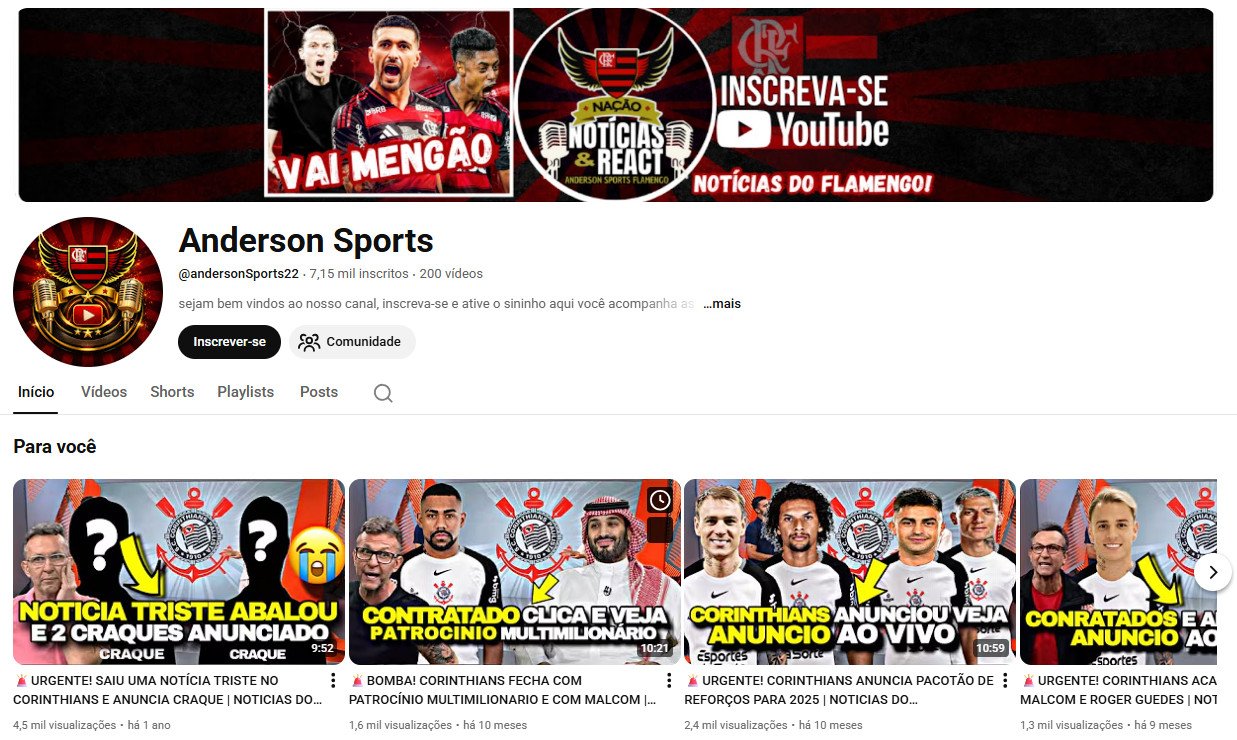 Canal no YouTube à venda – Anderson Sports – Notícias de Futebol/Flamengo e Corinthians (7 mil inscritos)
