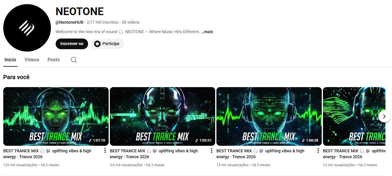 Canal no YouTube à venda – NEOTONE (Inglês) – Música/Trance & Electronic (2 mil inscritos)
