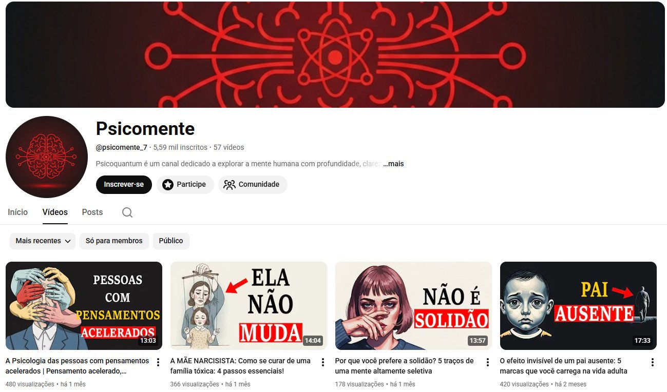 Canal no YouTube à venda – Psicomente – Psicologia/Saúde Mental e Comportamento (5 mil inscritos)