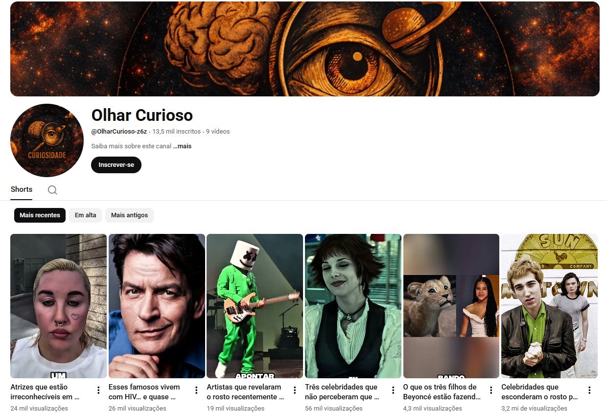 Canal no YouTube à venda – Olhar Curioso – Entretenimento/Curiosidades e Famosos (13 mil inscritos)