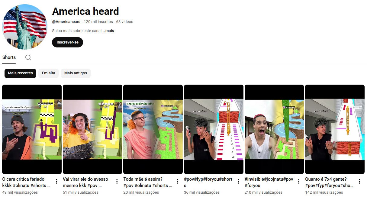 Canal no YouTube à venda – America heard (Português) – Entretenimento/Humor e POV (120 mil inscritos)