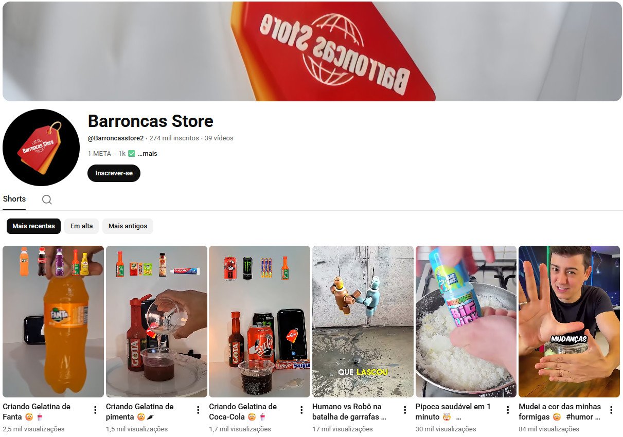 Canal no YouTube à venda – Barroncas Store – Entretenimento/Experiências e Curiosidades (274 mil inscritos) – Não Monetizado