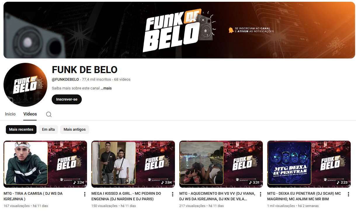 Canal no YouTube à venda – FUNK DE BELO (Português) – Música/Funk e Entretenimento (77 mil inscritos) – Não Monetizado