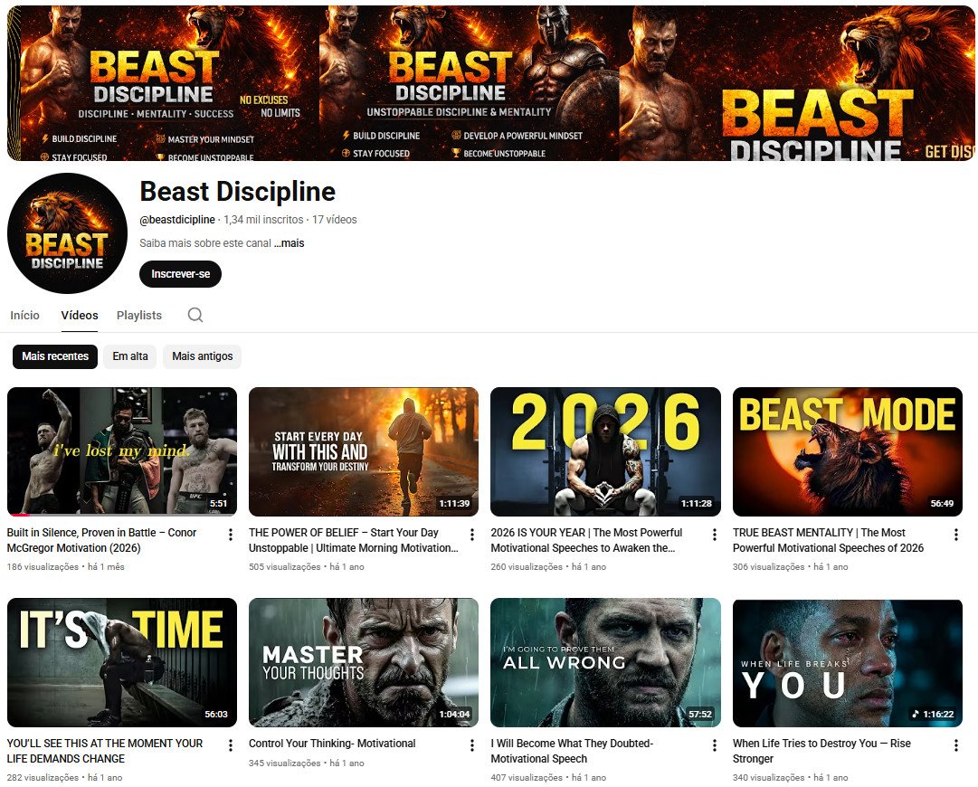 Canal no YouTube à venda – Beast Discipline (Português/Inglês) – Motivacional e Desenvolvimento Pessoal (1 mil inscritos) – Não Monetizado