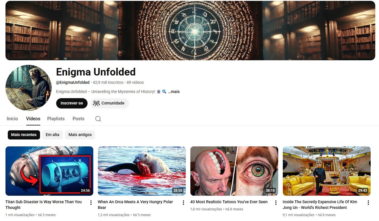 Canal no YouTube à venda – Enigma Unfolded (Inglês) – Mistérios, História e Curiosidades (42 mil inscritos) – Não Monetizado