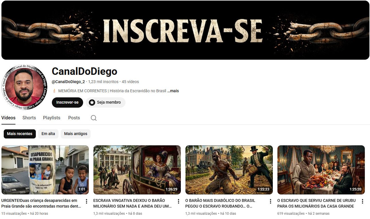 Canal no YouTube à venda – CanalDoDiego (Português) – História, Documentários e Curiosidades (1 mil inscritos) – Não Monetizado