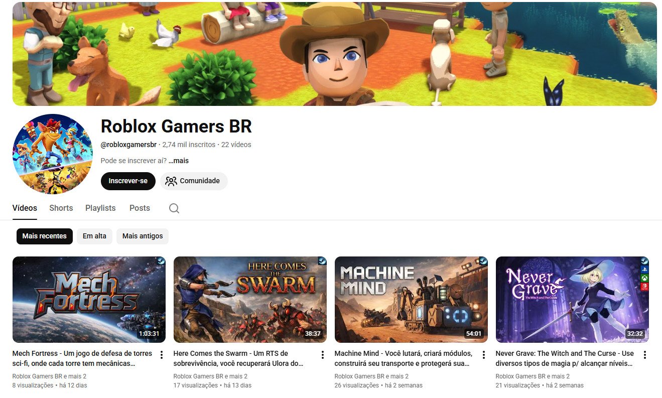 Canal no YouTube à venda – Roblox Gamers BR (Português) – Games/Roblox e Reviews (2 mil inscritos) – Não Monetizado
