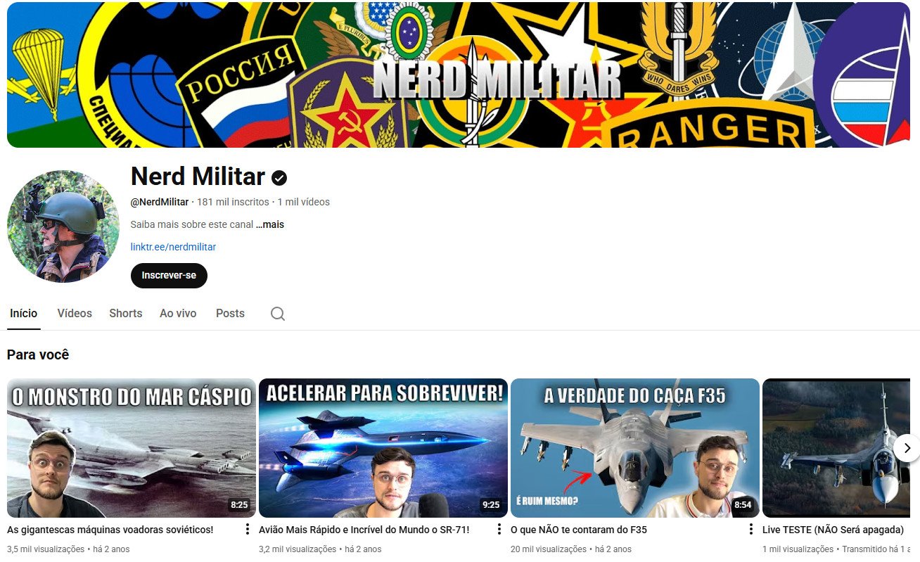 Canal no YouTube à venda – Nerd Militar (Português) – Militarismo, Tecnologia e História (181 mil inscritos)