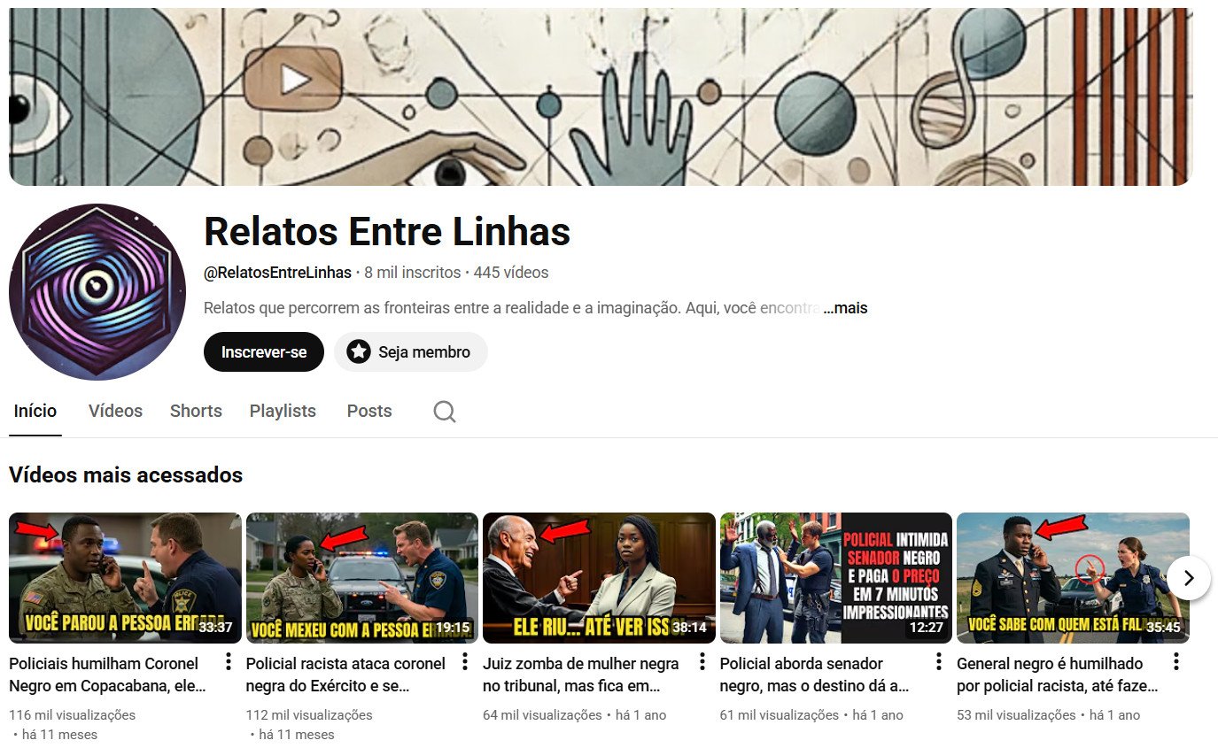 Canal no YouTube à venda – Relatos Entre Linhas (Português) – Storytelling e Crítica Social (8 mil inscritos)