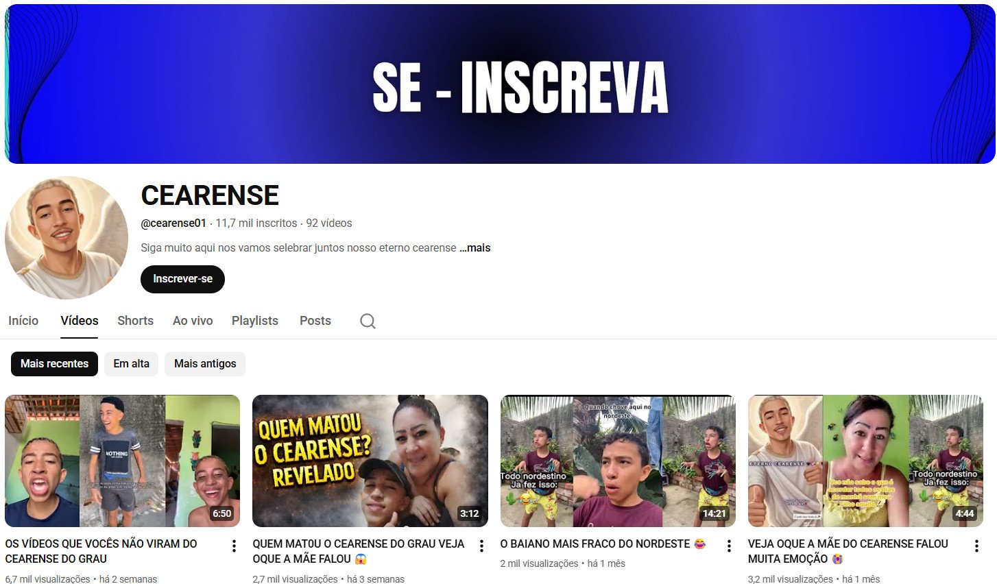 Canal no YouTube à venda – CEARENSE (Português) – Entretenimento, Homenagens e Cultura Regional (11 mil inscritos)