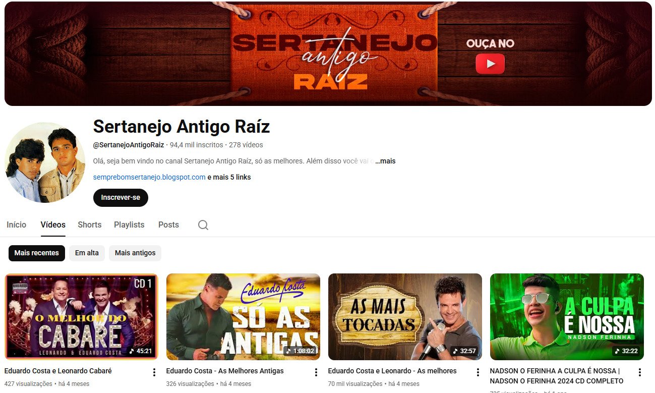 Canal no YouTube à venda – Sertanejo Antigo Raíz (Português) – Música Sertaneja e Nostalgia (94 mil inscritos) – Não monetizado