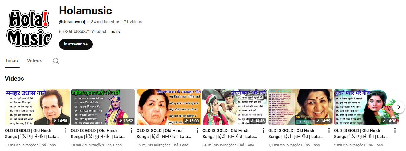 Canal no YouTube à venda – Holamusic (Hindi/Indiano) – Clássicos da Música “Old Is Gold” (184 mil inscritos) – Não monetizado