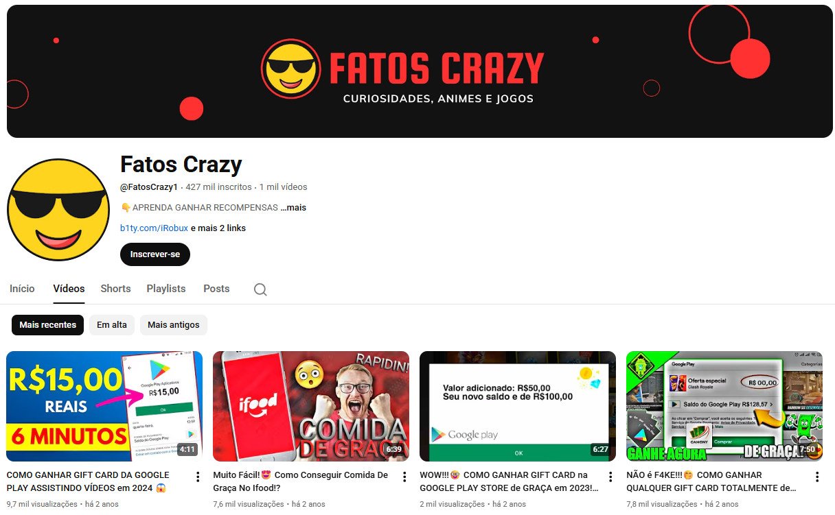 Canal no YouTube à venda – Fatos Crazy (Português) – Curiosidades, Tutoriais e Recompensas (427 mil inscritos) – Não monetizado