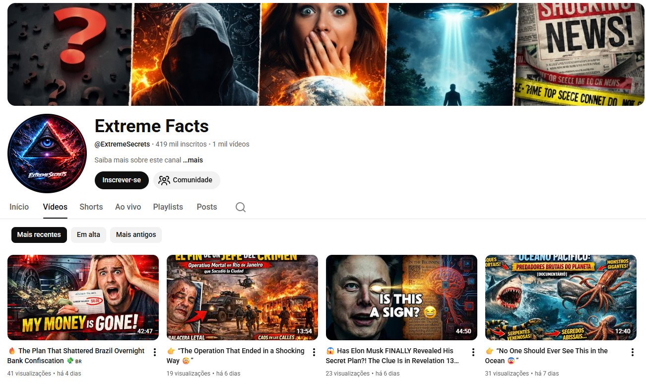 Canal no YouTube à venda – Extreme Facts (Inglês) – Mistérios, Curiosidades e Fatos Extremos (419 mil inscritos) – Não monetizado
