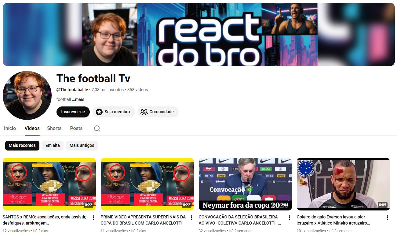 Canal no YouTube à venda – The football Tv (Português) – Futebol, Notícias e Reacts (7 mil inscritos) – Não monetizado