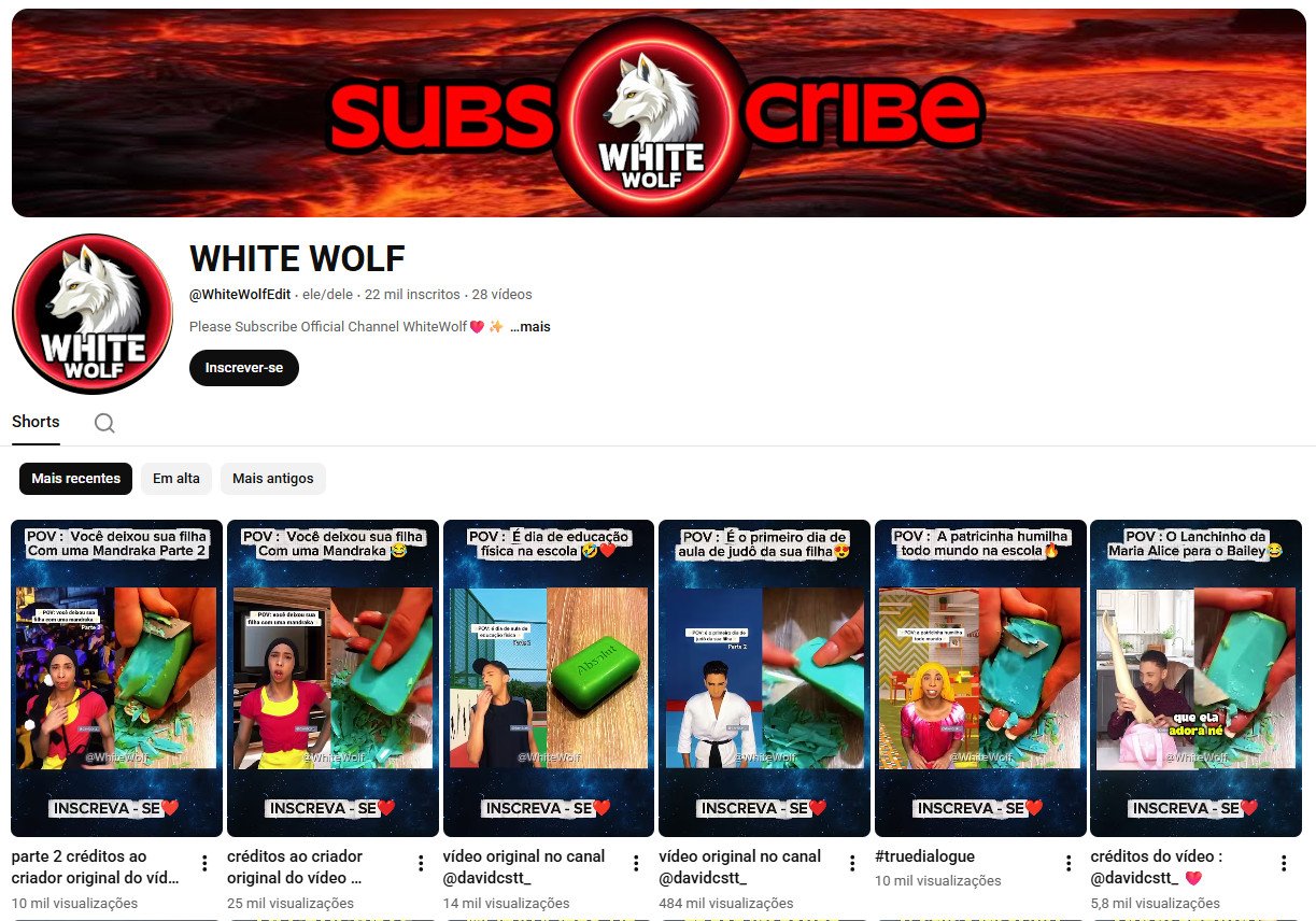 Canal no YouTube à venda – WHITE WOLF (Português) – Shorts, Entretenimento e Storytelling Viral (22 mil inscritos) – Não monetizado