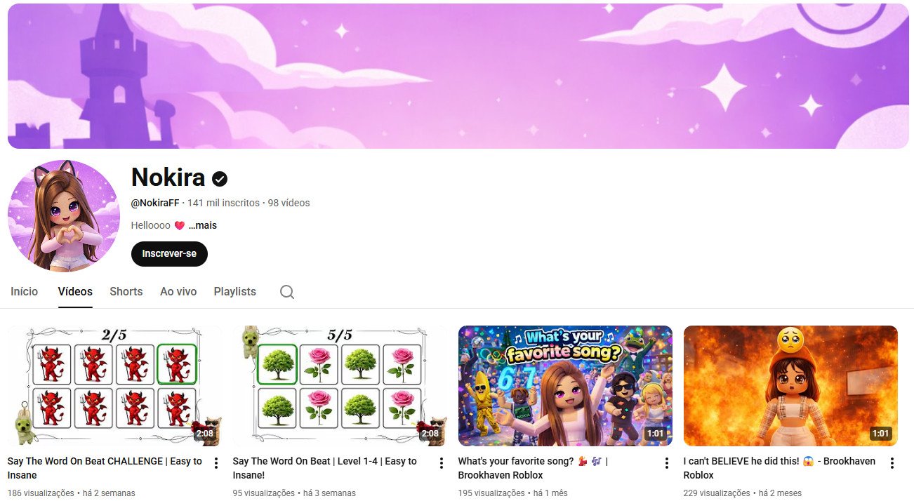 Canal no YouTube à venda – Nokira (Português) – Roblox, Games e Desafios (141 mil inscritos) – Não monetizado