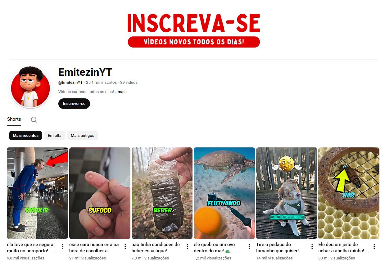 Canal no YouTube à venda – EmitezinYT (Português) – Shorts, Curiosidades e Entretenimento (25 mil inscritos) – Não monetizado