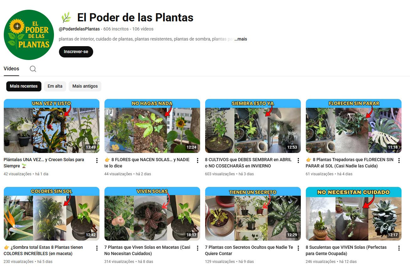 Canal no YouTube à venda – El Poder de las Plantas (Espanhol) – Botânica, Jardinagem e Cuidados Domésticos (606 inscritos) – Não monetizado