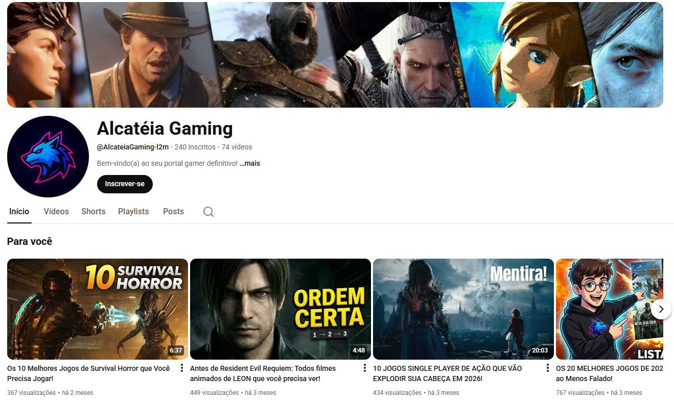 Canal no YouTube à venda – Alcatéia Gaming (Português) – Games, Listas e Curiosidades Geek (240 inscritos) – Não monetizado