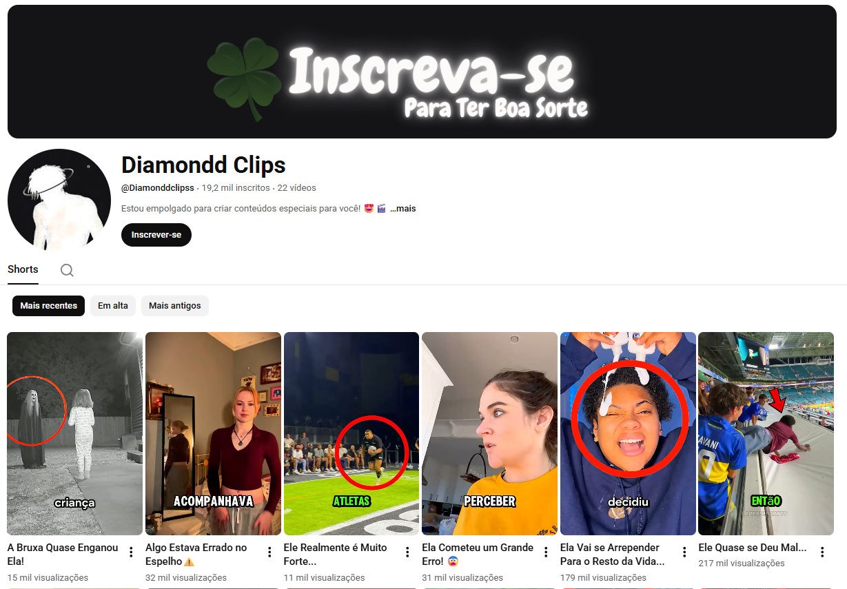 Canal no YouTube à venda – Diamondd Clips (Português) – Shorts, Curiosidades e Storytelling Viral (19 mil inscritos) – Não monetizado