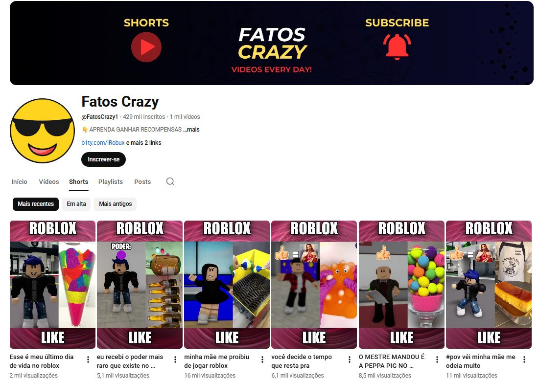 Canal no YouTube à venda – Fatos Crazy (Português) – Roblox, Shorts e Recompensas (429 mil inscritos) – Não monetizado