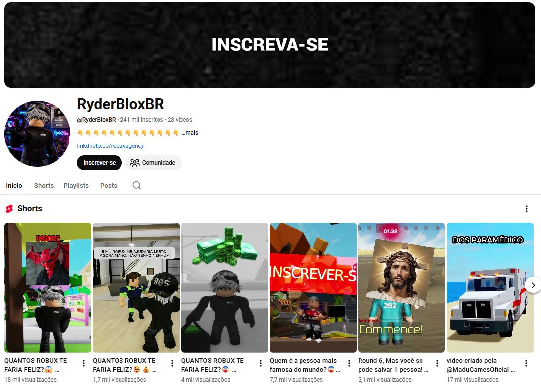 Canal no YouTube à venda – RyderBloxBR (Português) – Roblox, Shorts e Interatividade (241 mil inscritos) – Não monetizado