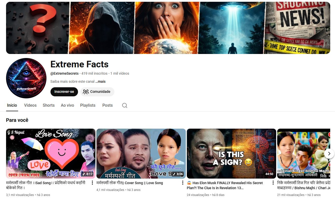Canal no YouTube à venda – Extreme Facts (Inglês/Multilíngue) – Curiosidades, Mistérios e Entretenimento (419 mil inscritos) – Não monetizado