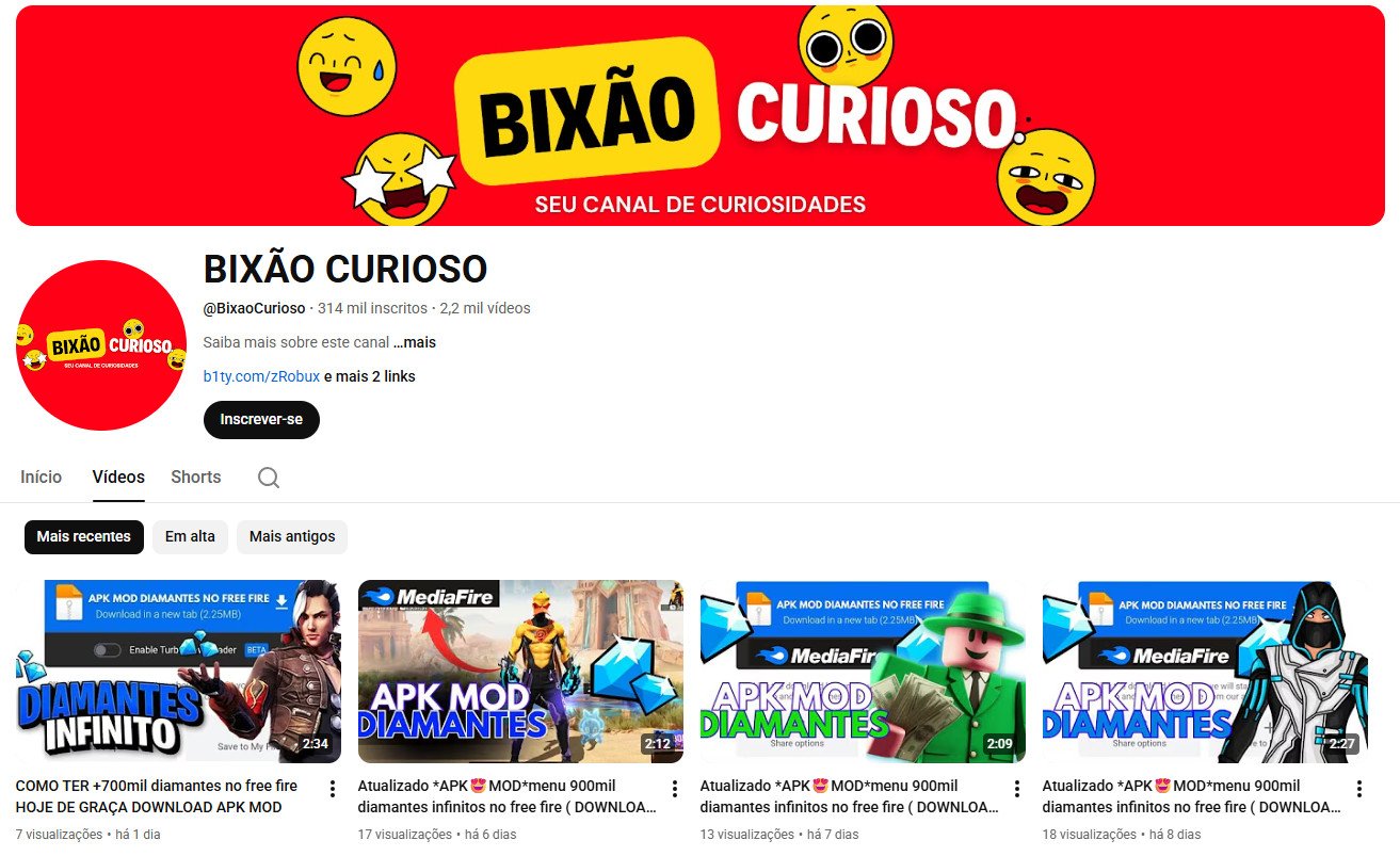 Canal no YouTube à venda – BIXÃO CURIOSO (Português) – Gaming, Utilidades e Curiosidades (314 mil inscritos) – Não monetizado