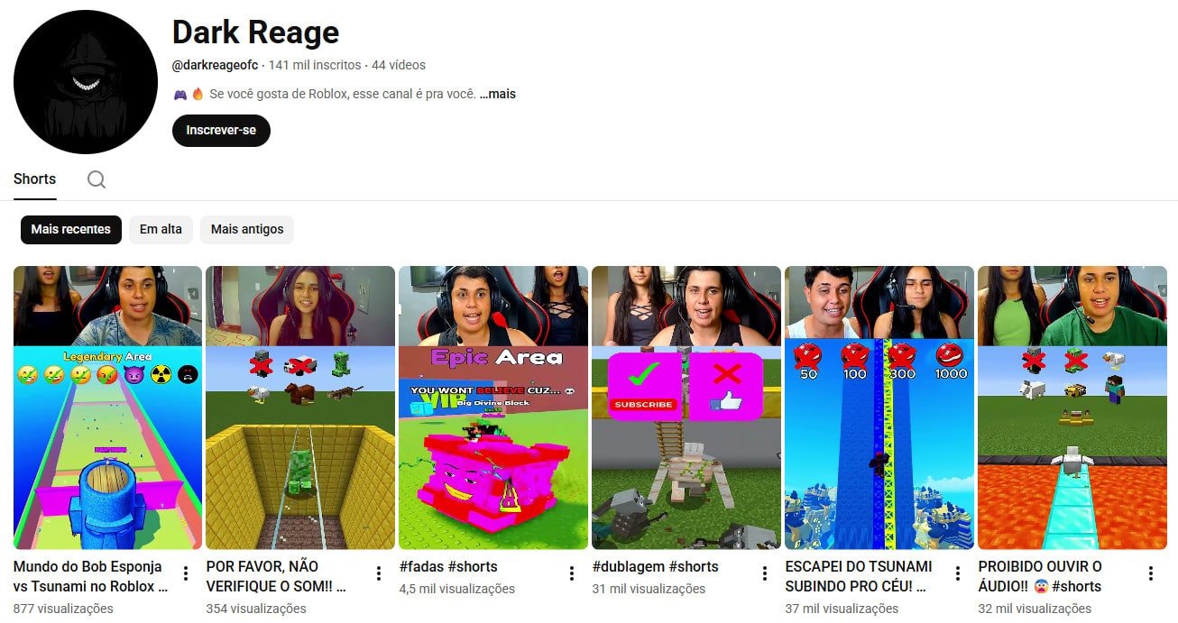 Canal no YouTube à venda – Dark Reage (Português) – Roblox, Reação e Shorts (141 mil inscritos) – Não monetizado