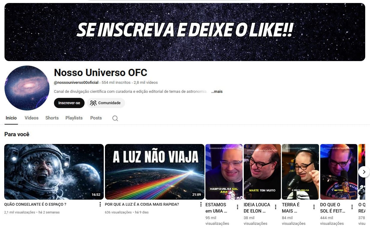 Canal no YouTube à venda – Nosso Universo OFC (Português) – Astronomia, Ciência e Curiosidade (554 mil inscritos) – Não monetizado
