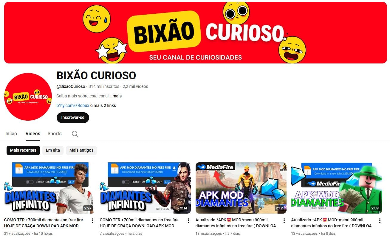 Canal no YouTube à venda – BIXÃO CURIOSO (Português) – Curiosidades, Gaming e Tutoriais (314 mil inscritos) – Não monetizado