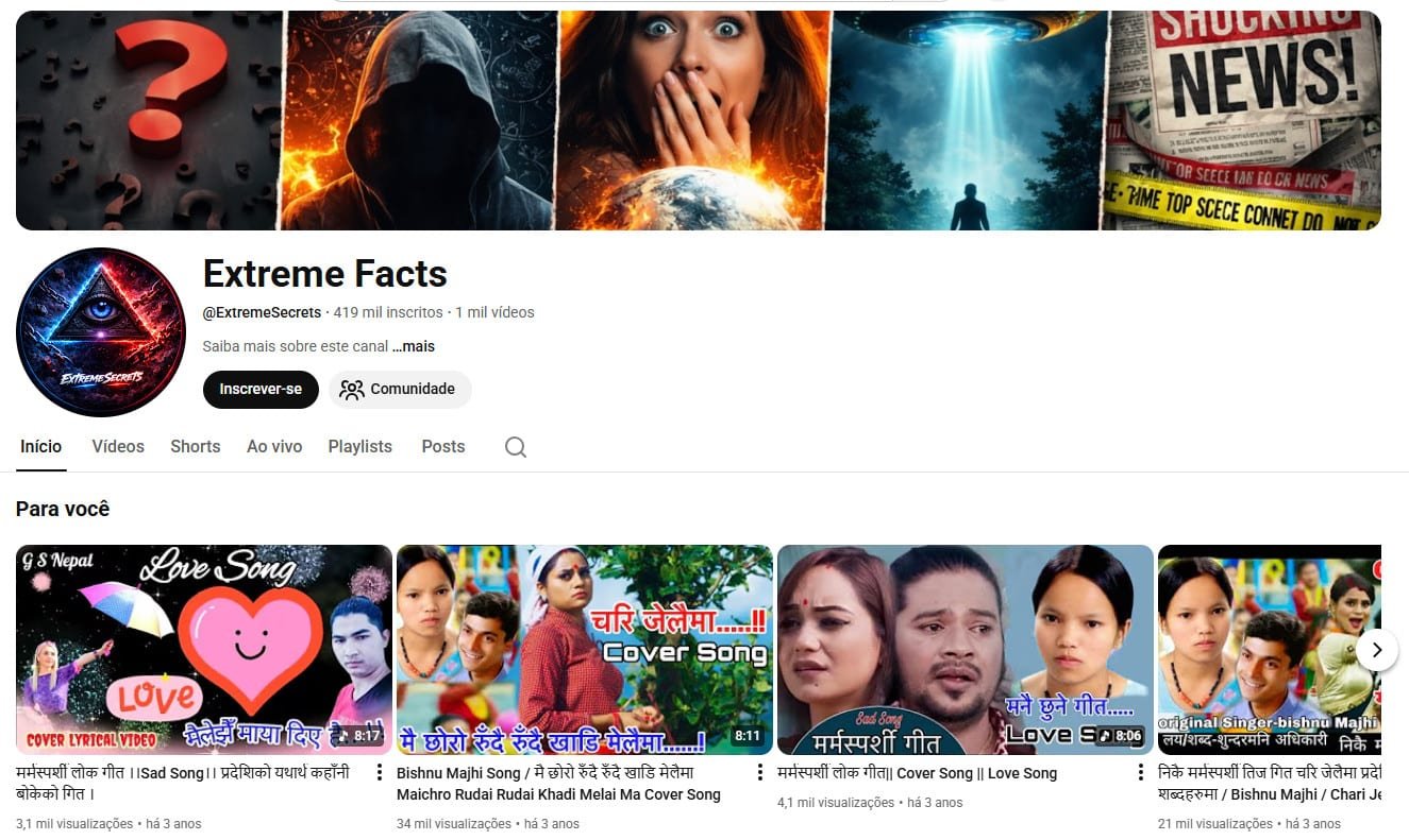 Canal no YouTube à venda – Extreme Facts (Inglês/Multilíngue) – Curiosidades, Mistérios e Variedades (419 mil inscritos) – Não monetizado