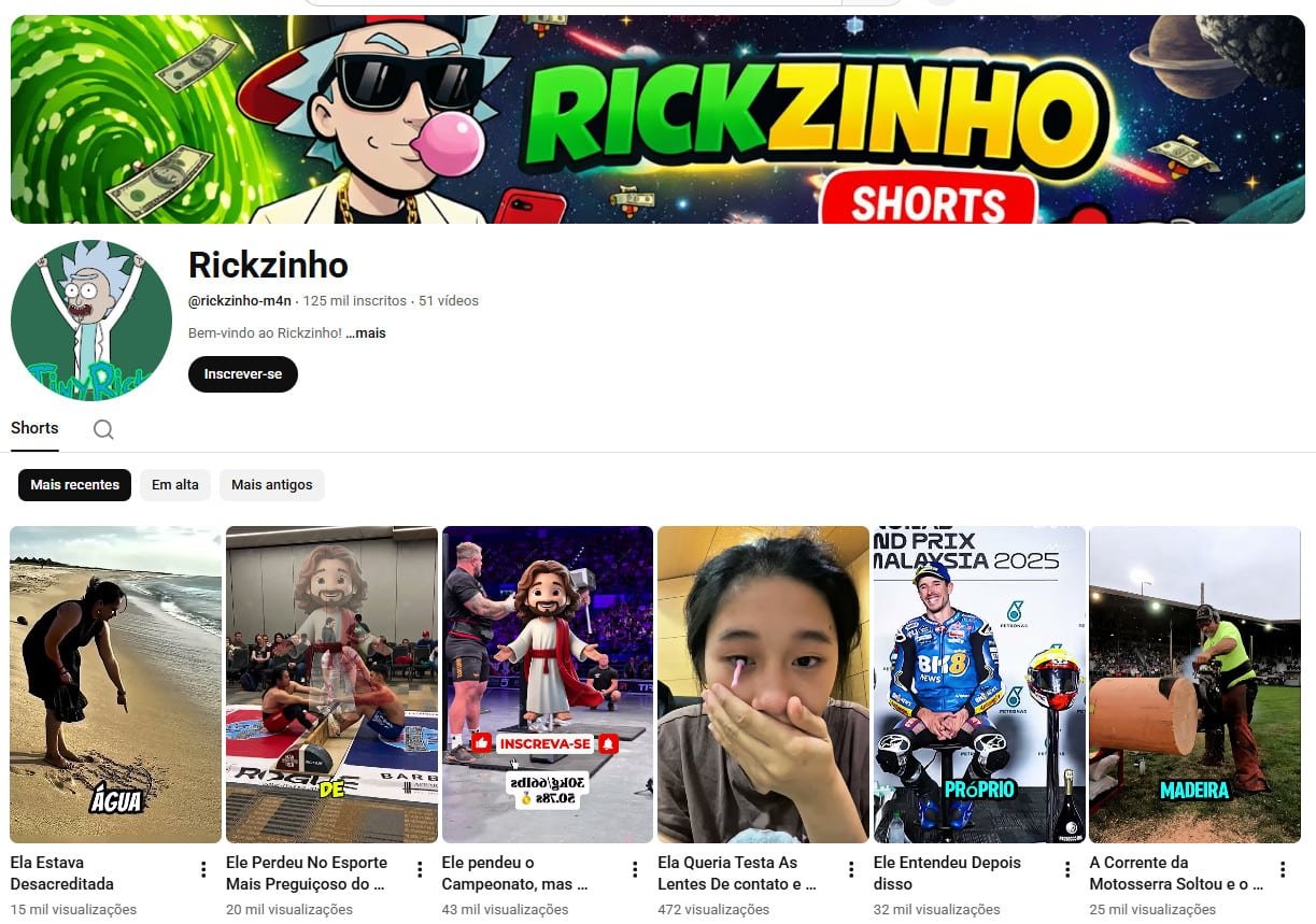 Canal no YouTube à venda – Rickzinho (Português) – Entretenimento, Shorts e Curiosidades (125 mil inscritos) – Não monetizado