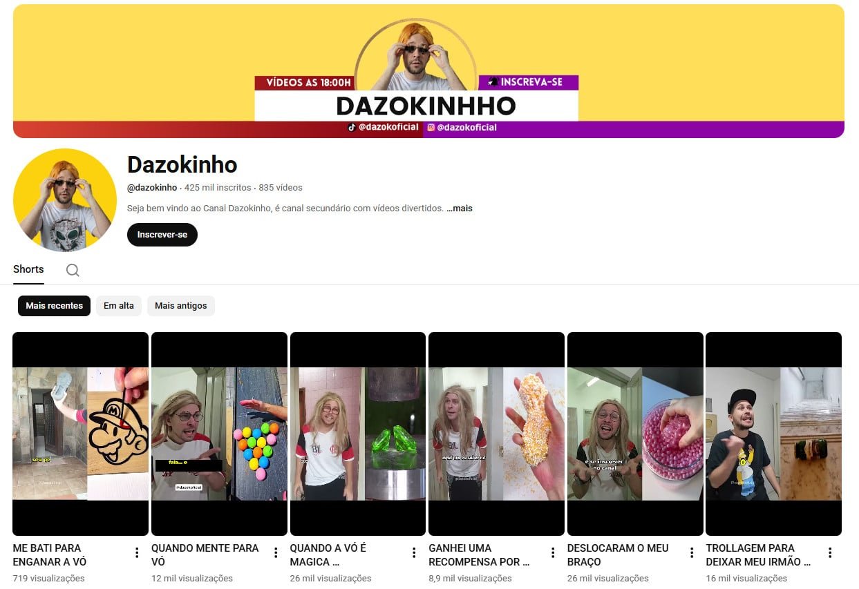 Canal no YouTube à venda – Dazokinho (Português) – Humor, Entretenimento e Shorts (425 mil inscritos) – Não monetizado