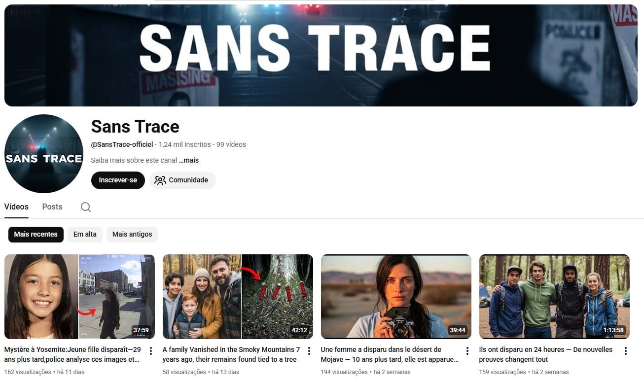 Canal no YouTube à venda – Sans Trace (Francês) – Crimes Reais, Mistérios e Desaparecimentos (1 mil inscritos)