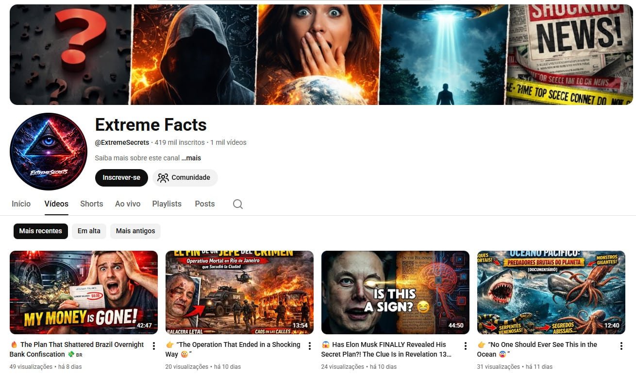 Canal no YouTube à venda – Extreme Facts (Inglês/Multilíngue) – Curiosidades, Mistérios e Variedades (419 mil inscritos)