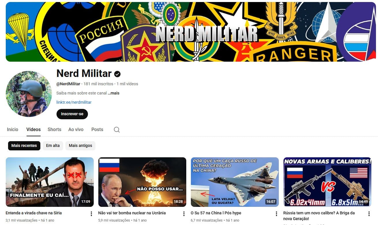 Canal no YouTube à venda – Nerd Militar (Português) – História Militar, Tecnologia Bélica e Geopolítica (181 mil inscritos)
