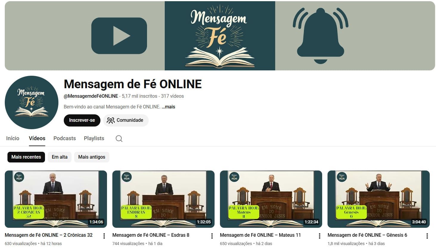 Canal no YouTube à venda – Mensagem de Fé ONLINE (Português) – Religioso, Mensagens Bíblicas e Podcasts (5 mil inscritos)